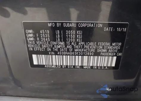 2019 Subaru Legacy 2.5I из США, поврежденный, VIN 4S3BNAB63K3012890